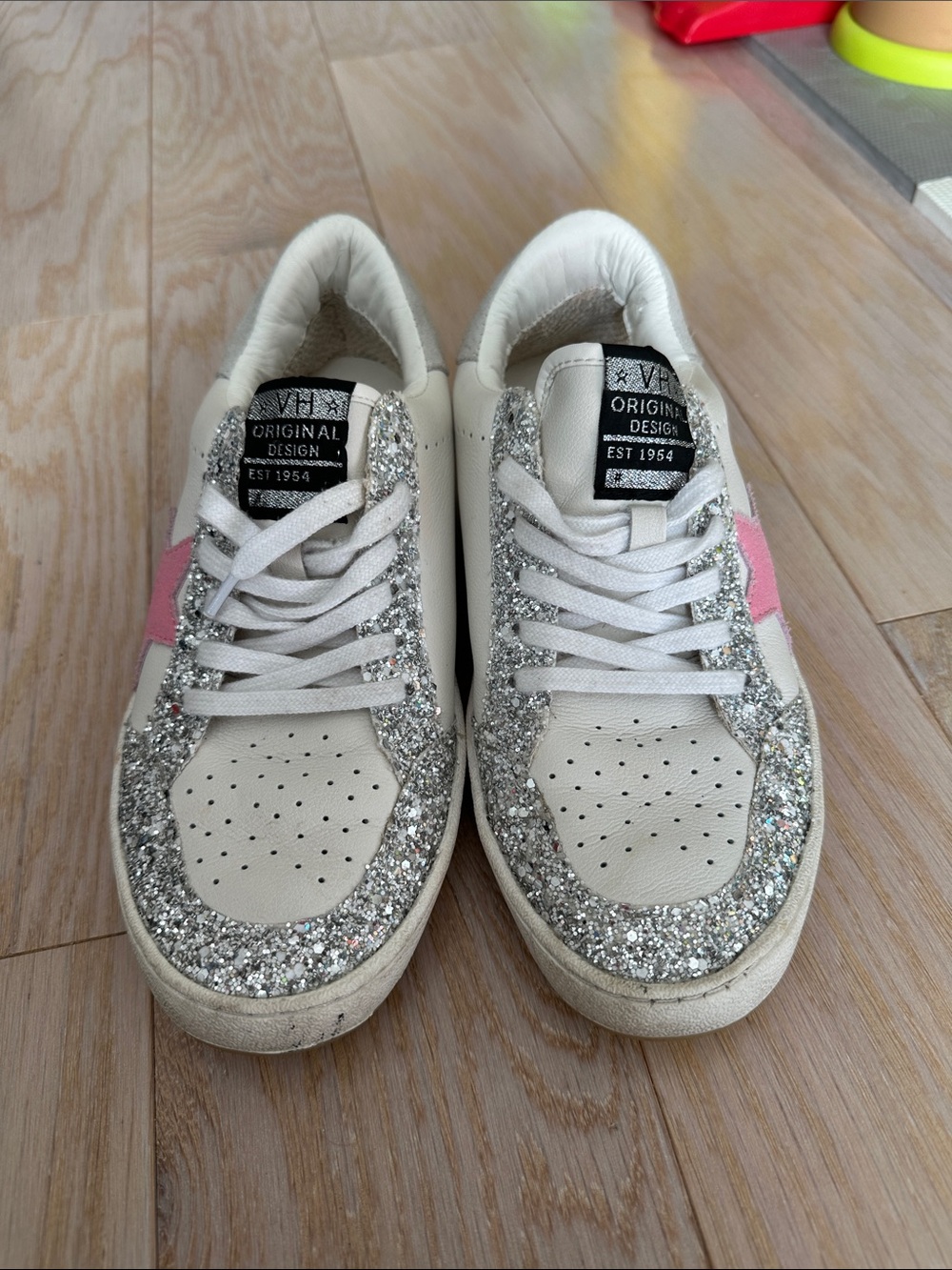 Vintage Havana White Sneakers with Silver Glitter & Pink Accent